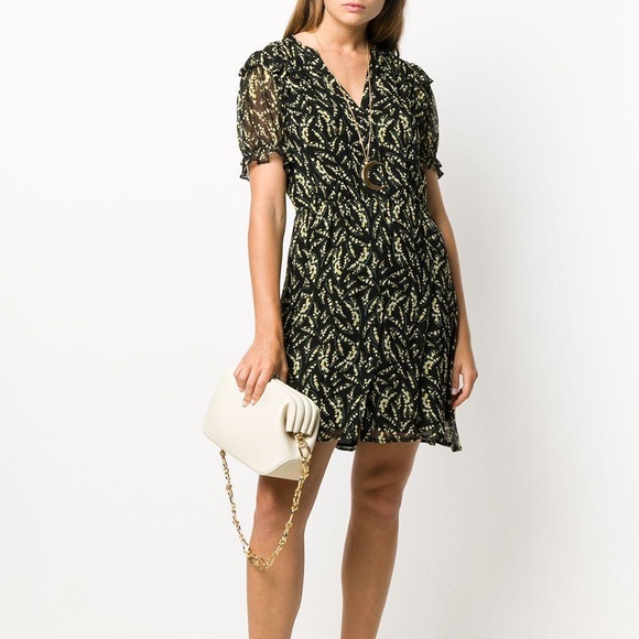 BA&SH Matcha Floral Mini Dress Noir Flowy Ruffles Elastic Waist BLK/Yellow SZ 4 - Picture 3 of 16